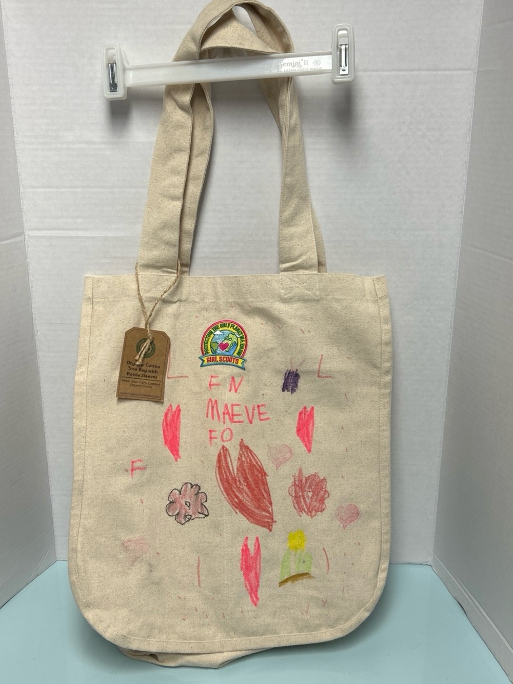 Natural Canvas Tote with Girl Scouts Patch and Hand-Drawn Accents